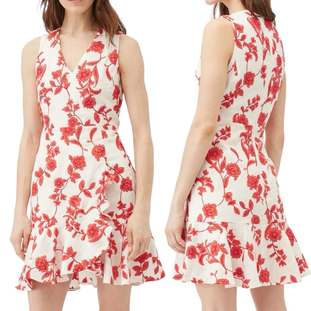Rebecca Taylor Scarlet Embroidered Dress Red Floral Ivory Linen Ruffle size 16